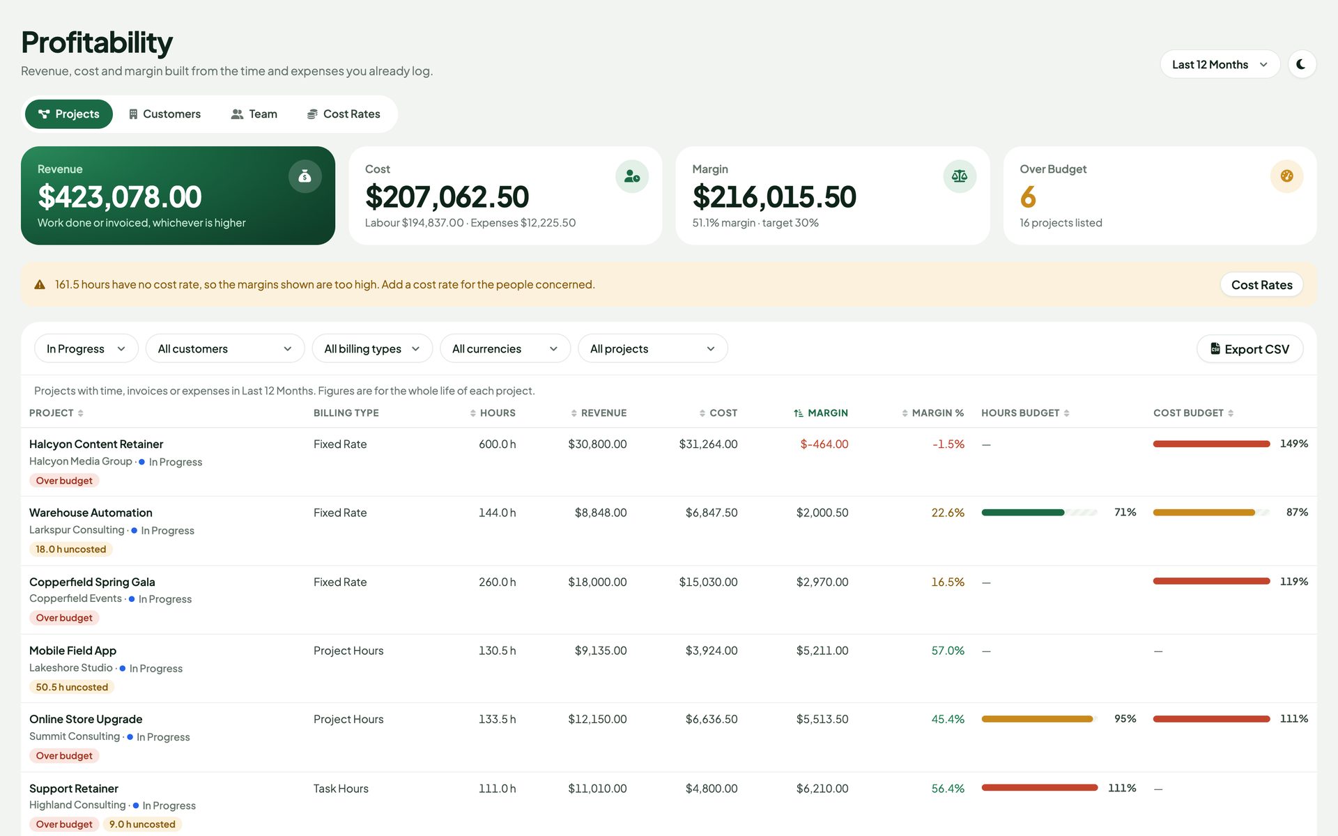 Profitability project list with revenue, cost, margin, margin percent and hours and cost budget burn bars