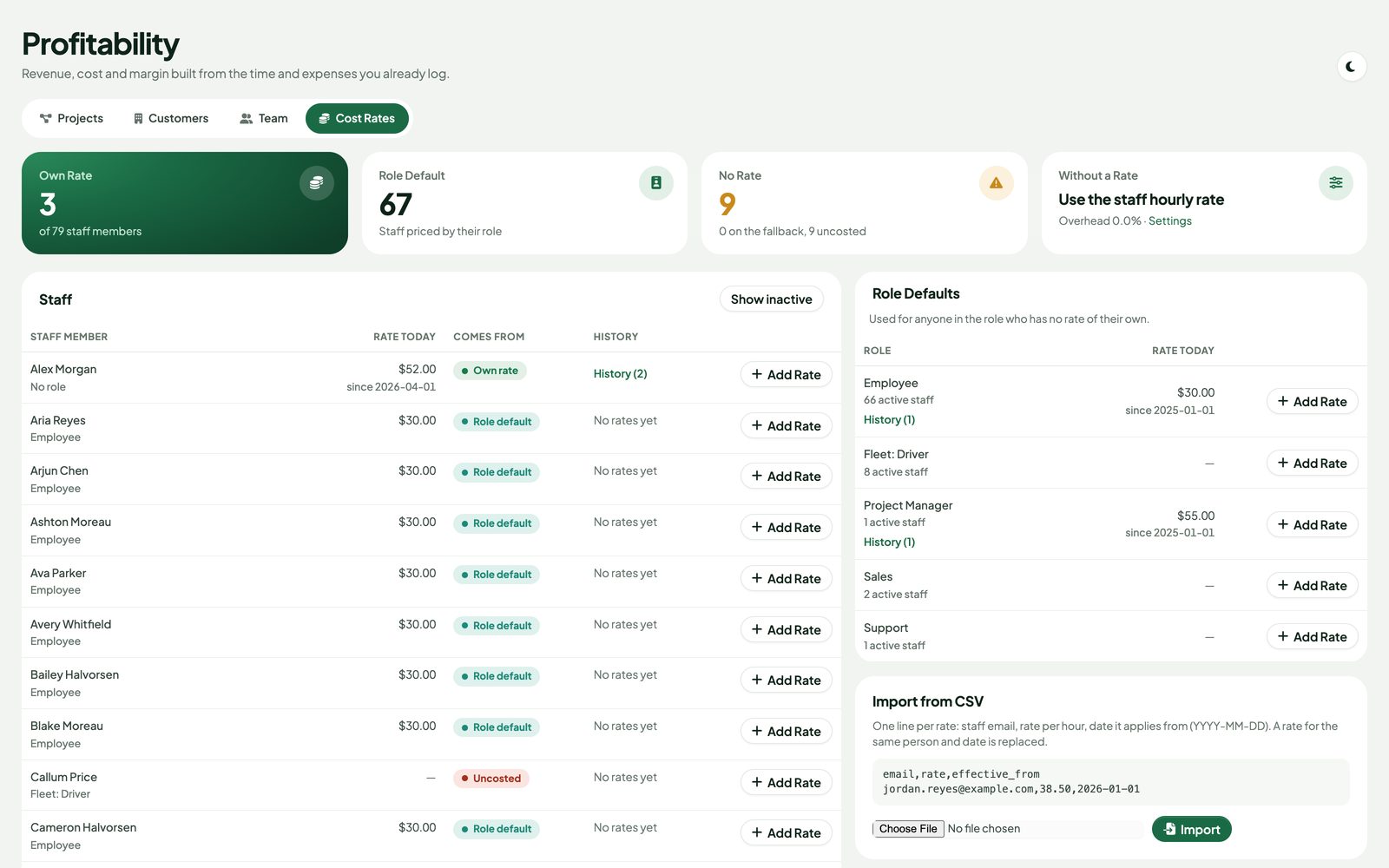Cost rates page with own rates, role defaults, rate history and CSV import