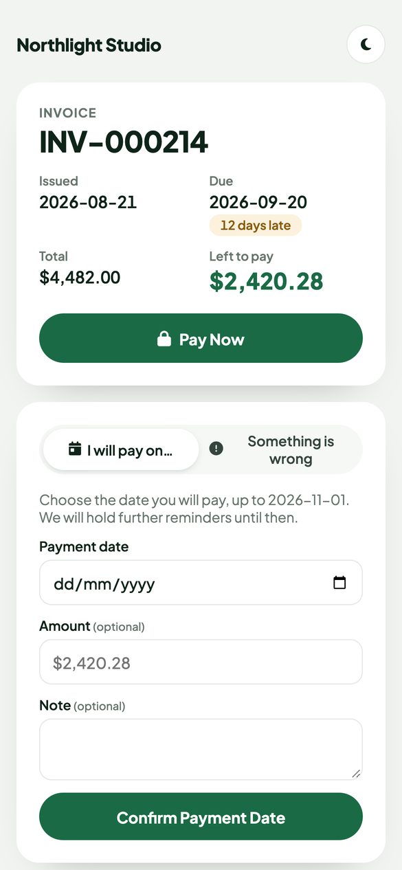 Customer response page on a phone: invoice INV-000214, 12 days late, left to pay, a Pay Now button and the I will pay on form