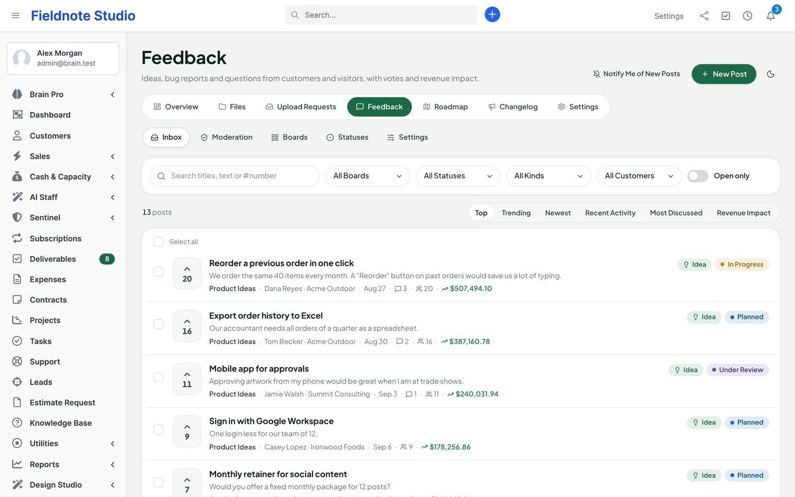 The feedback inbox with votes, statuses and revenue impact
