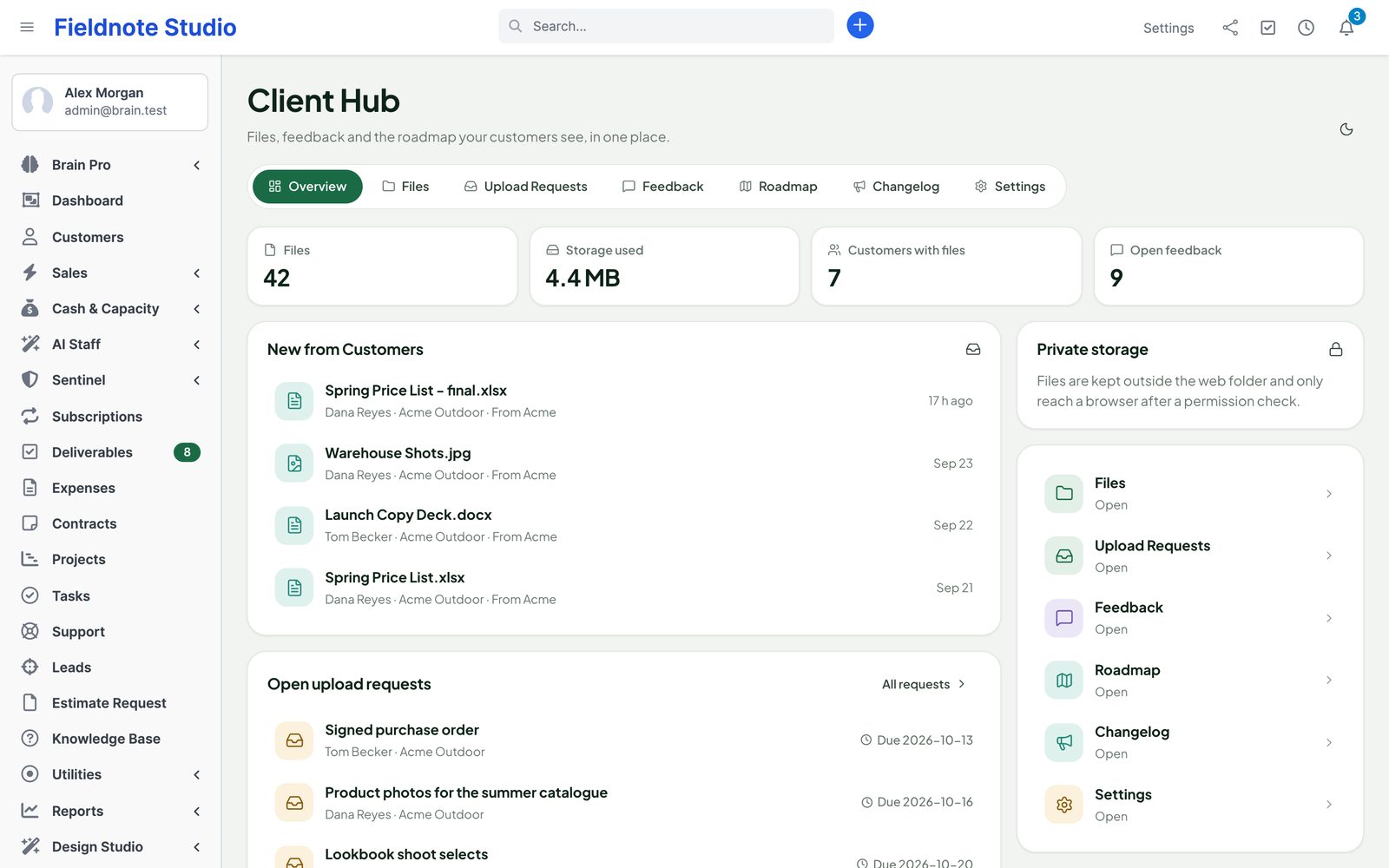 The Client Hub overview with counters, new files from customers, open upload requests and links to every part