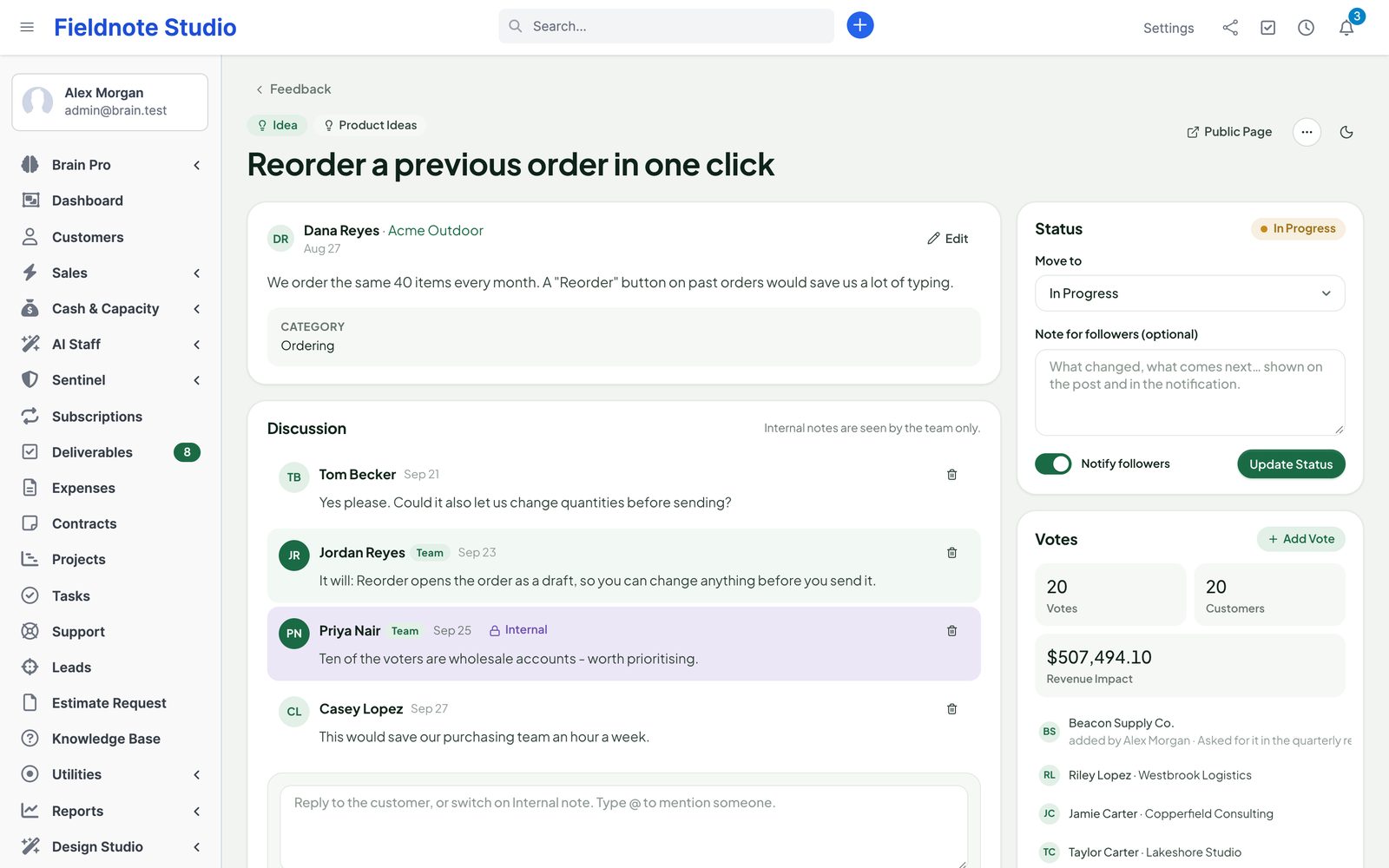 A post for staff with discussion, internal note, status and votes