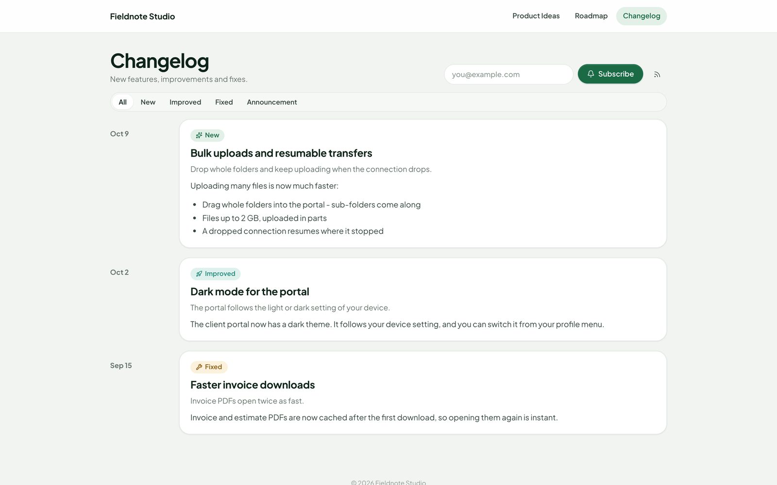 The public changelog page
