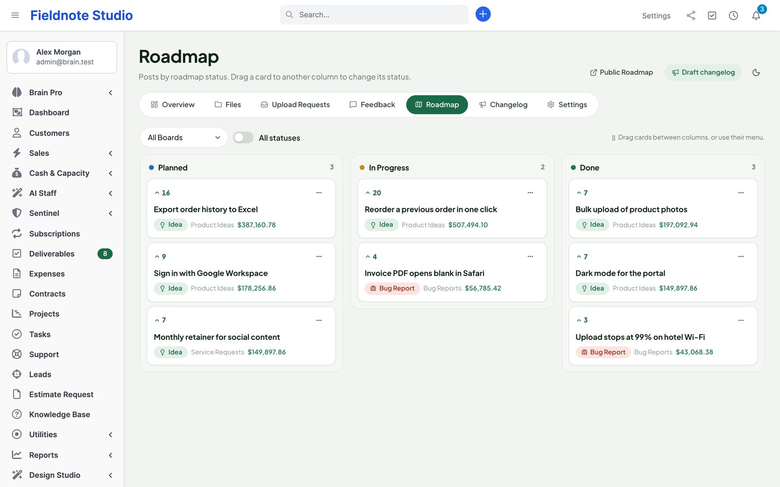 The staff roadmap with Planned, In Progress and Done columns