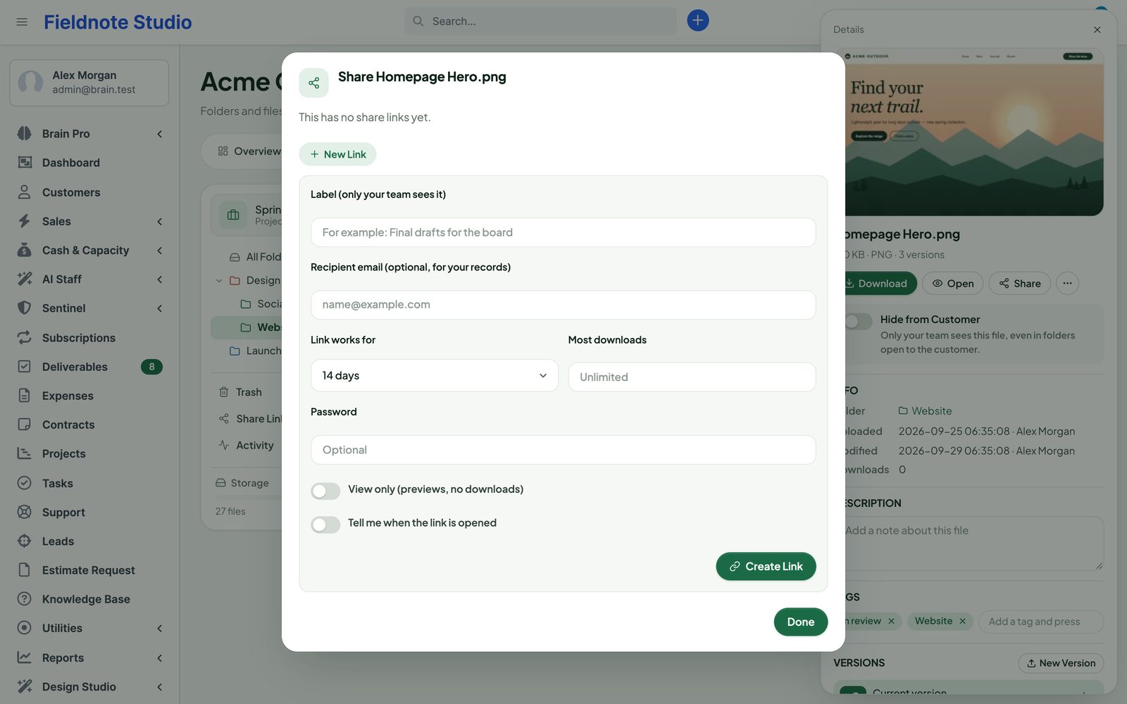 The share dialog with expiry, password and download limit