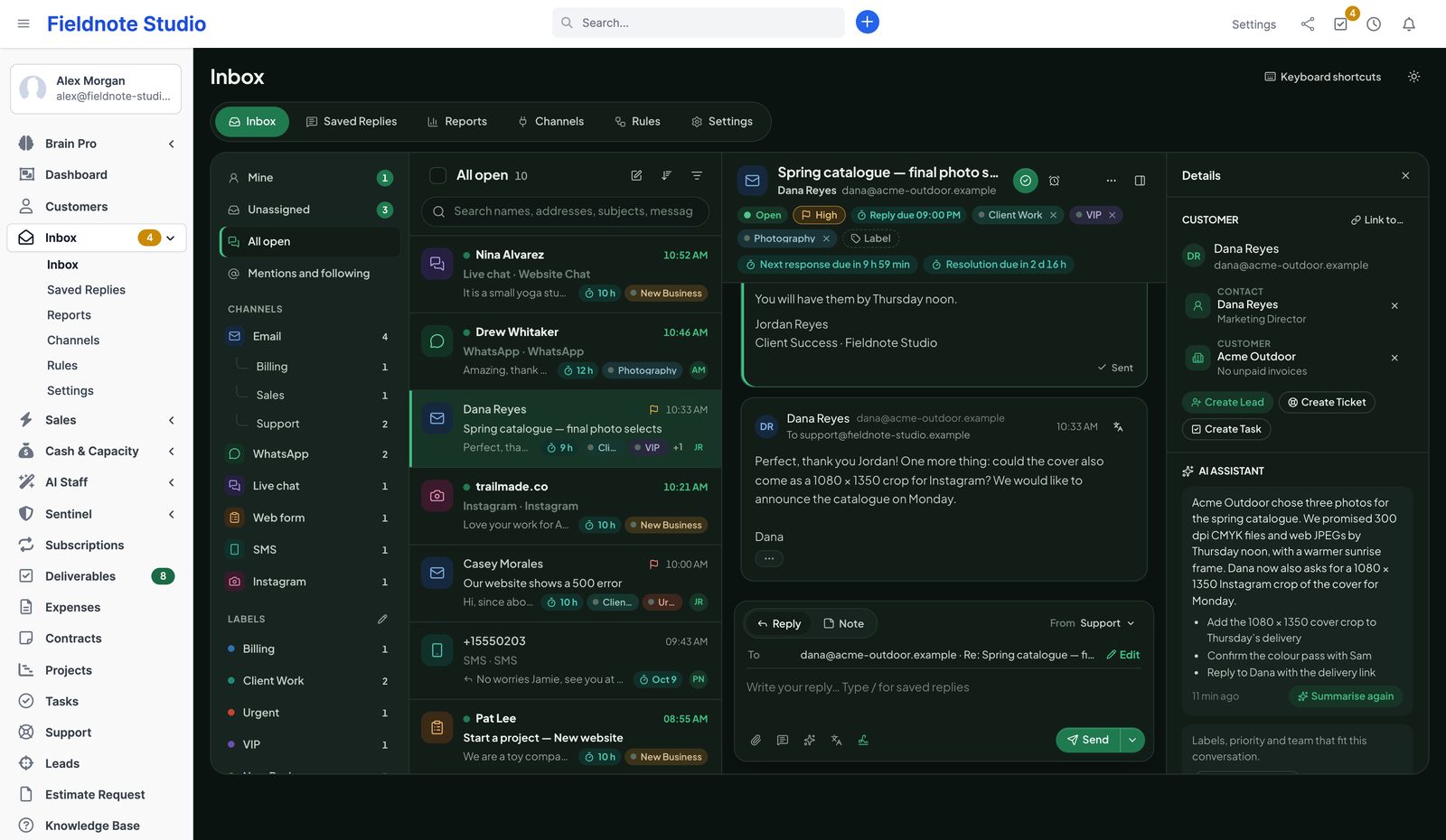 The inbox in dark mode with the AI Assistant card summarising the conversation and listing next steps