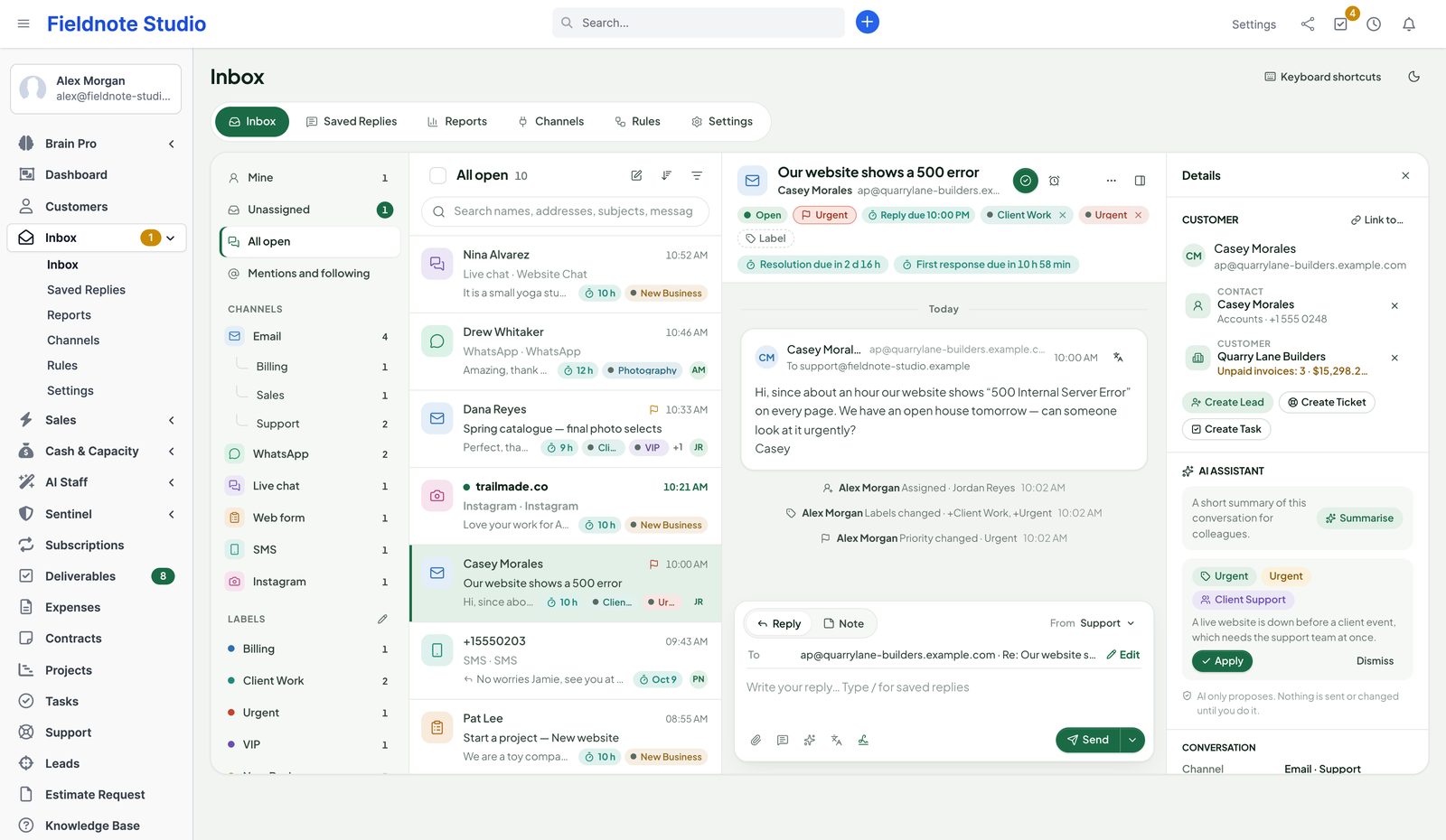 An urgent email linked to a contact and customer with unpaid invoices, Create Lead, Create Ticket and Create Task, and an AI routing proposal