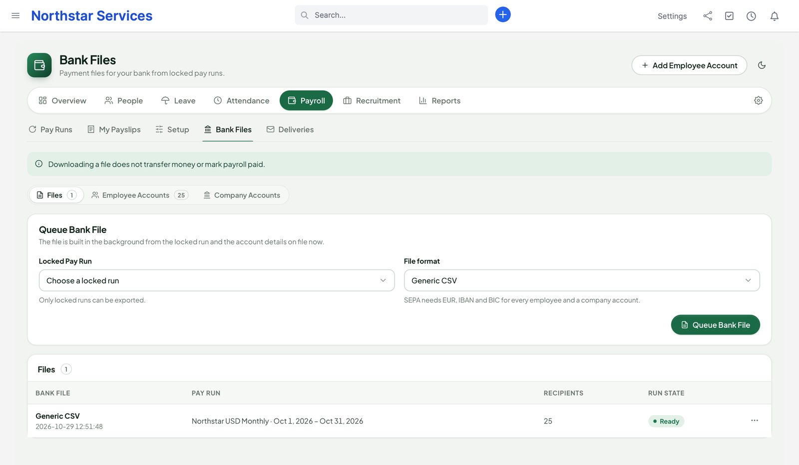 Bank Files: queue a file from a locked run and the list of ready files