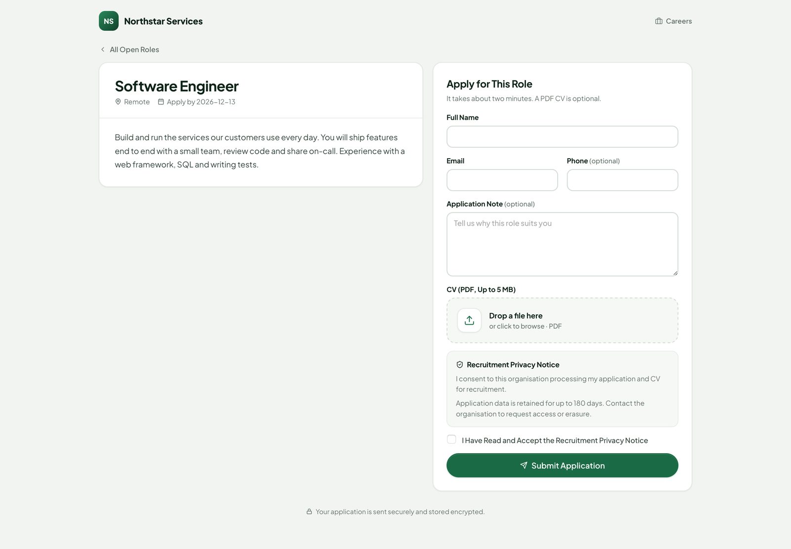 The public careers page for an opening with the apply form and the recruitment privacy notice