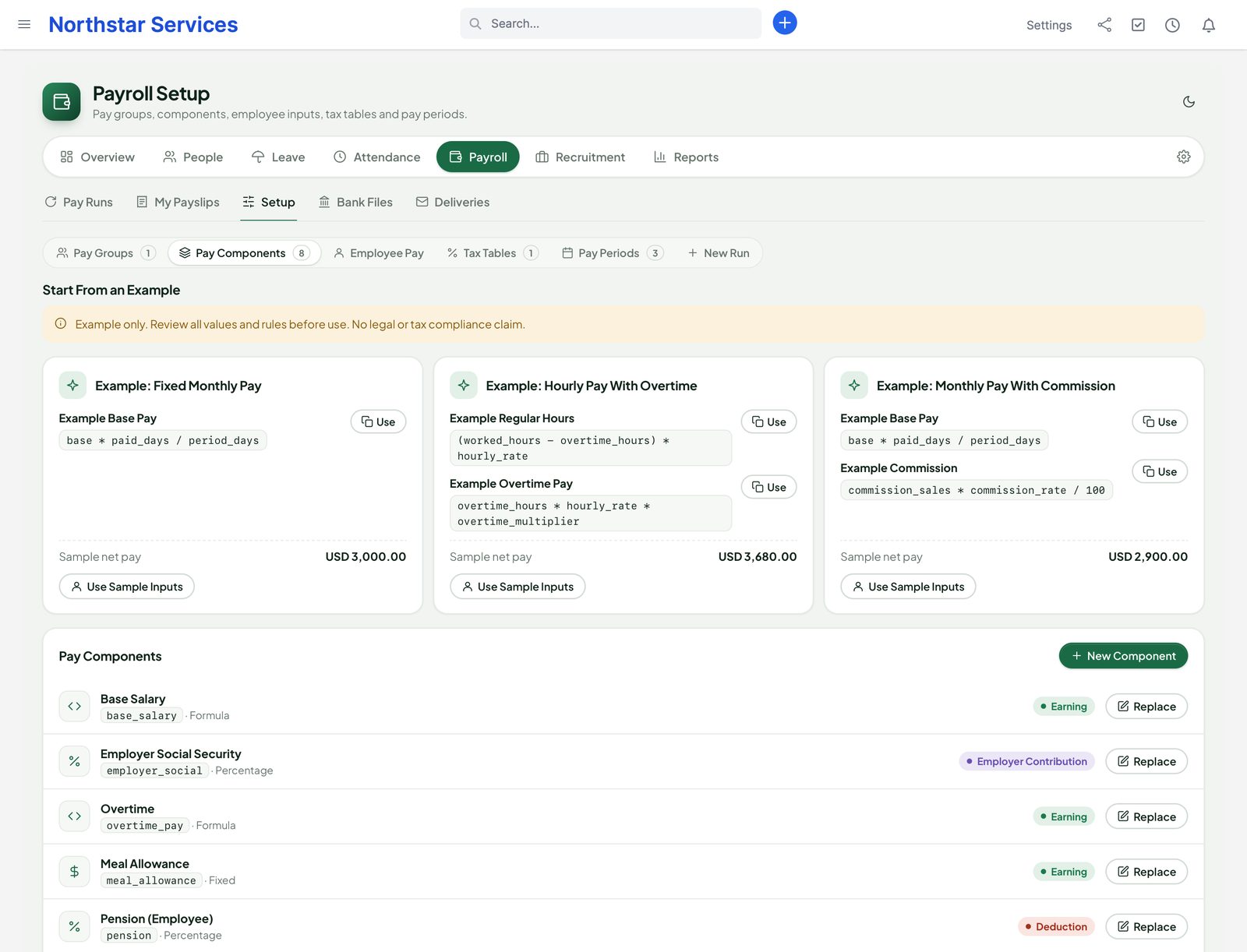 Pay components: base salary formula, overtime, allowance, pension, income tax table, health plan and employer contributions, with the three neutral examples above