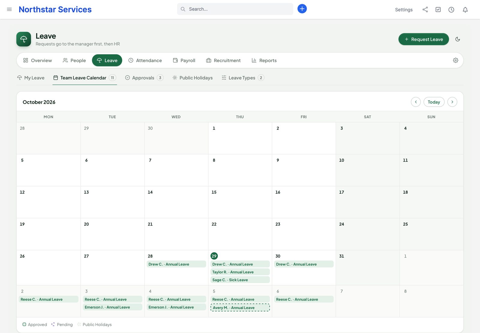 The team leave calendar with approved and pending leave per person