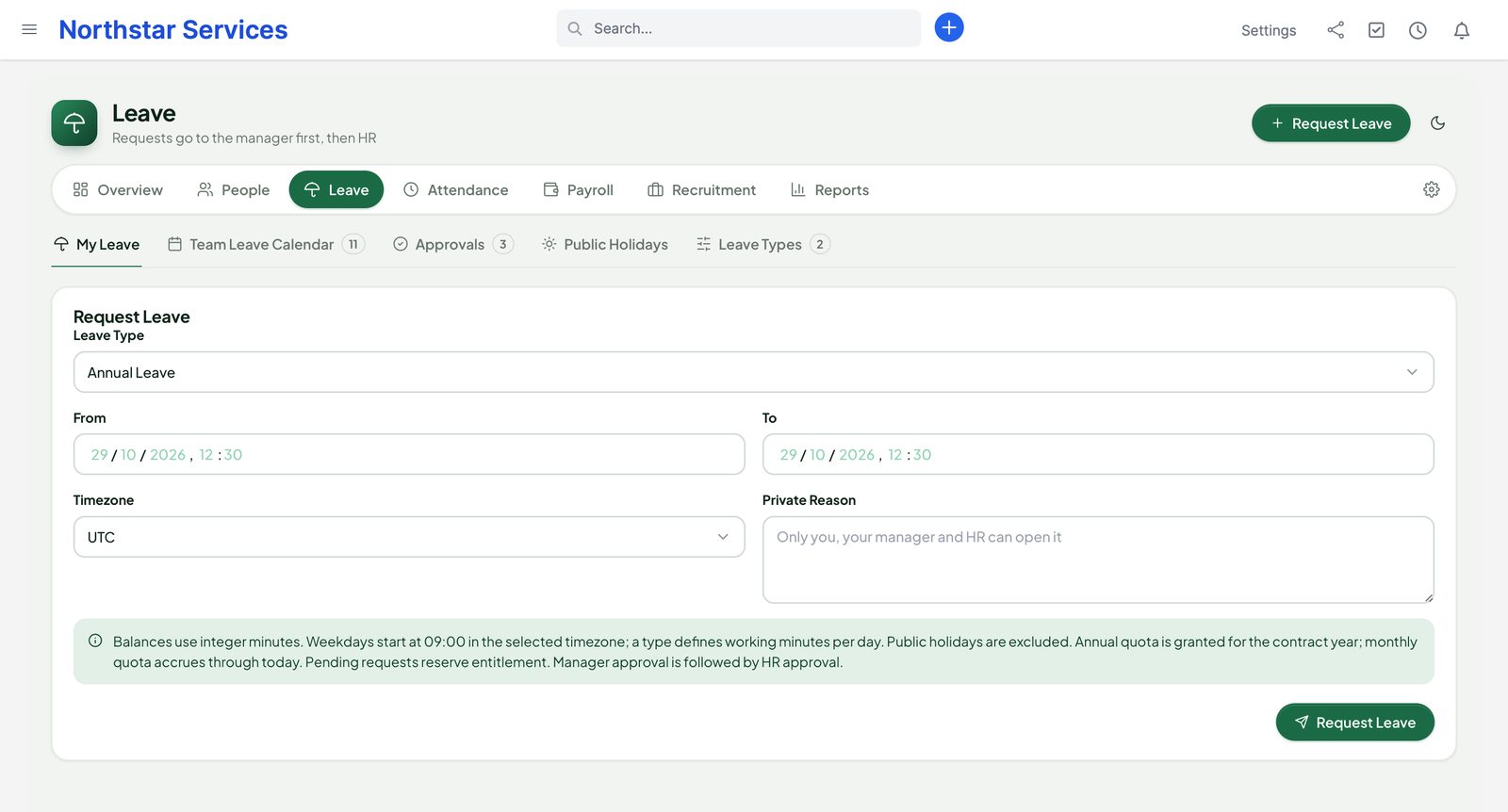 The Request Leave form with leave type, dates, time zone and a private reason