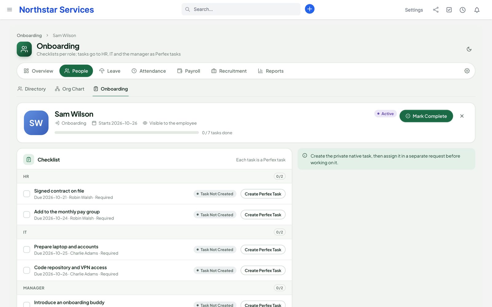 An onboarding checklist with HR, IT and manager items, due dates and Perfex tasks