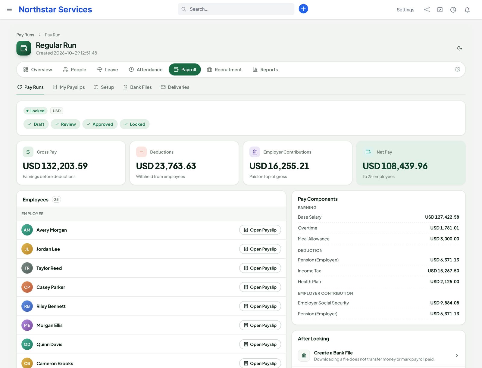A locked pay run with gross pay, deductions, employer contributions, net pay and totals per component