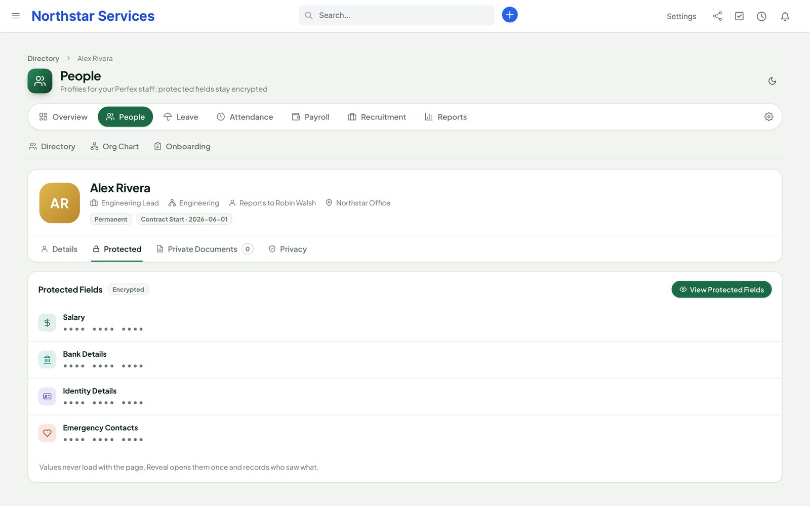 The Protected tab of a profile with salary, bank, identity and emergency details masked