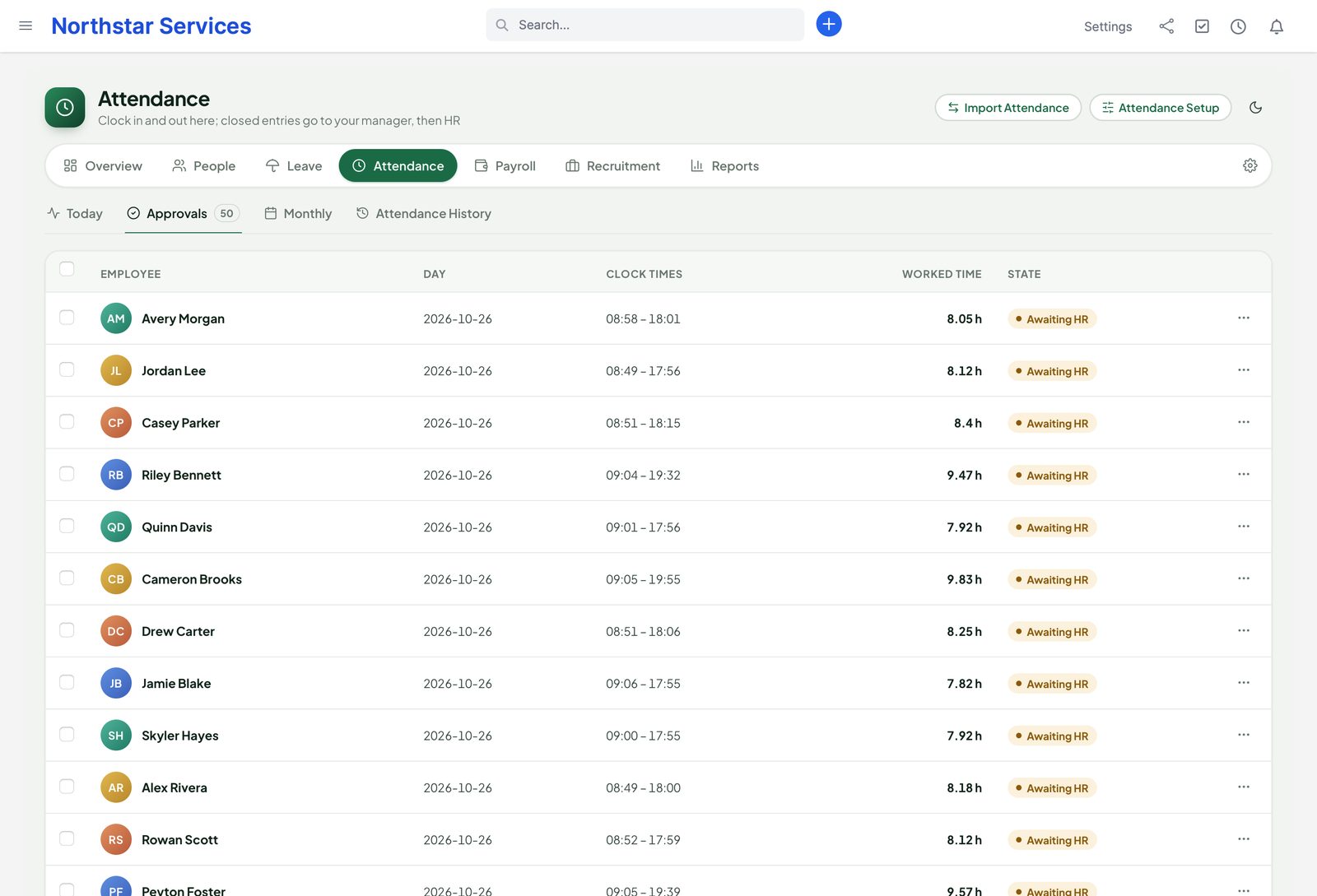 Attendance approvals: entries with clock times and worked time awaiting HR