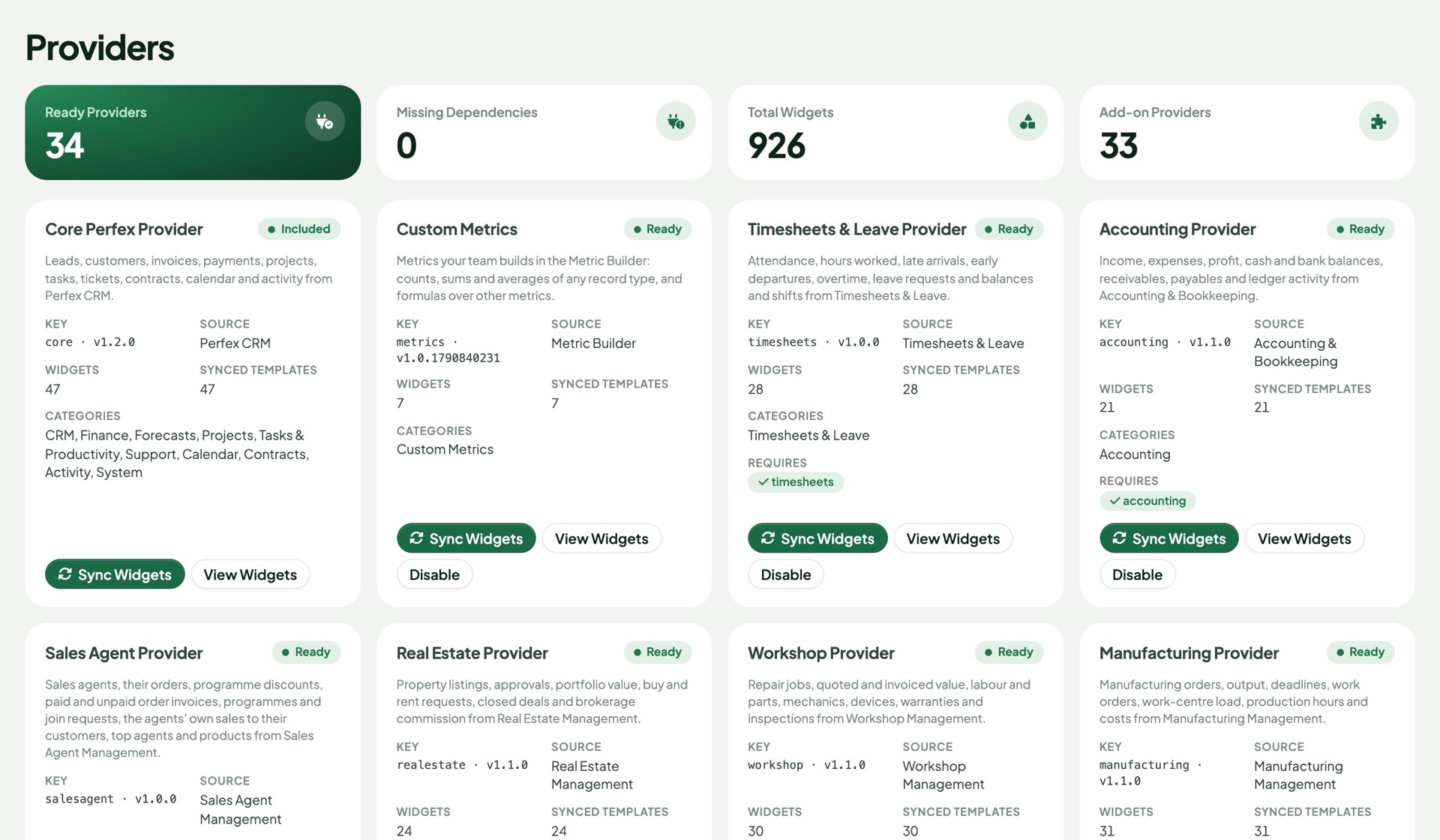 Providers page listing ready add-ons with their widget counts and required Perfex modules